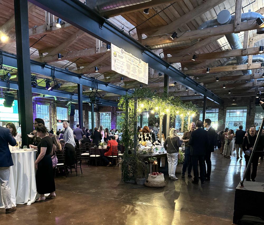 Guests walking beneath a greenery and string-light arch at a gala